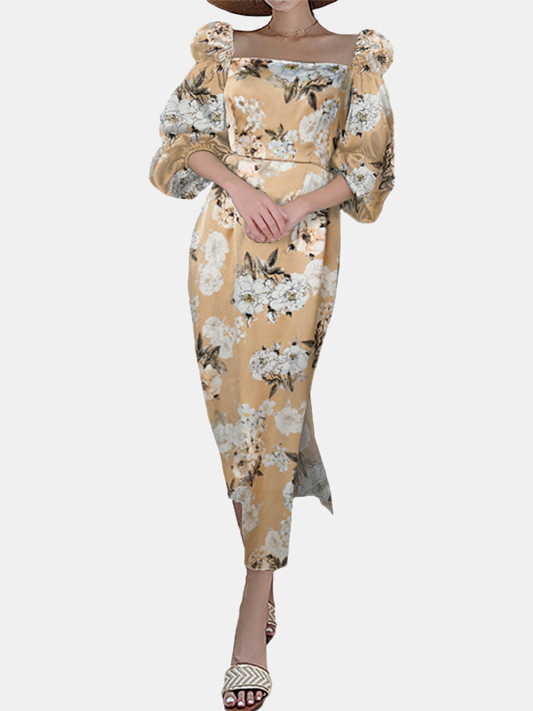 Vintage Floral Printed Square Collar Slit Hem Midi Dress