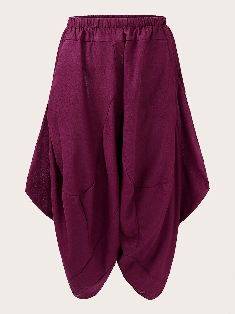 Plus Size Loose Solid Pocket Elastic Waist Women Harem Pants