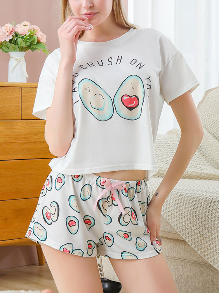 

Women Avocado & Letter Print T-Shirt & Shorts Home Pajamas Sets, White