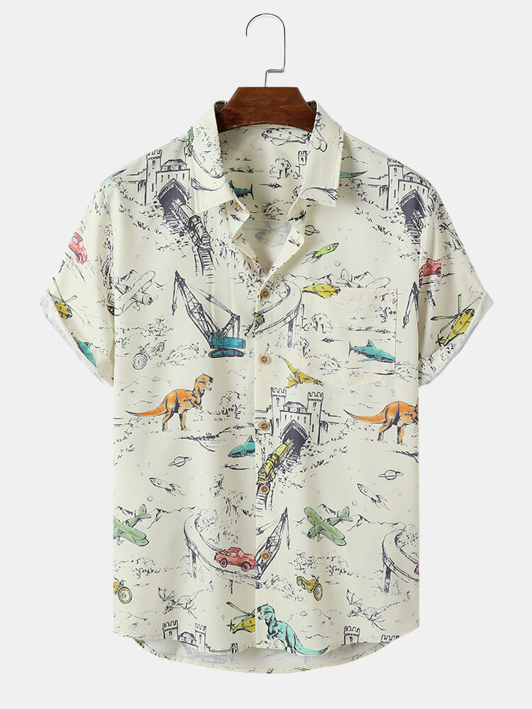 Mens Dinosaur Hand Painted Button Up Street Short Sleeve Shirts