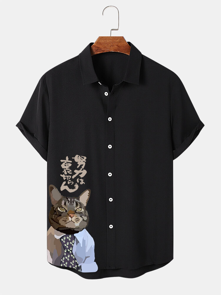 Mens Cartoon Cat Figure Print Button Up Camisas de manga curta inverno