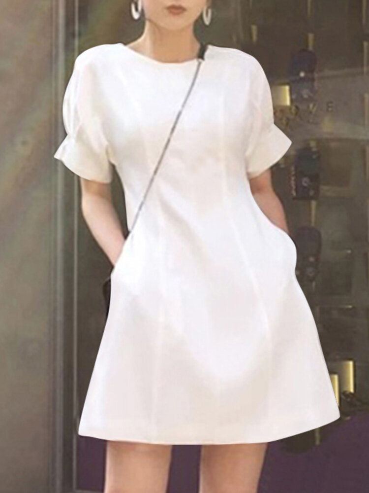 Solid Pocket Puff Sleeve A-line Crew Neck Casual Dress