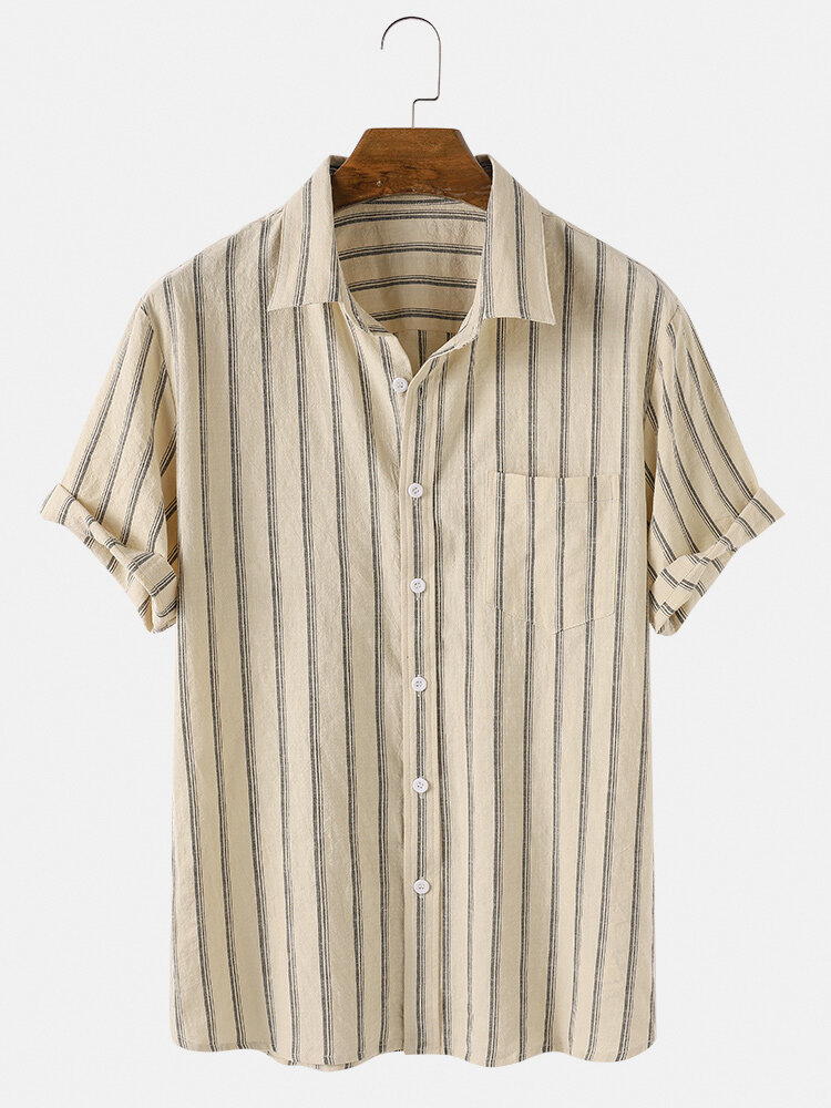 

Mens Cotton Vertical Stripes Print Casual Breathable Short Sleeve Shirts, Apricot;green