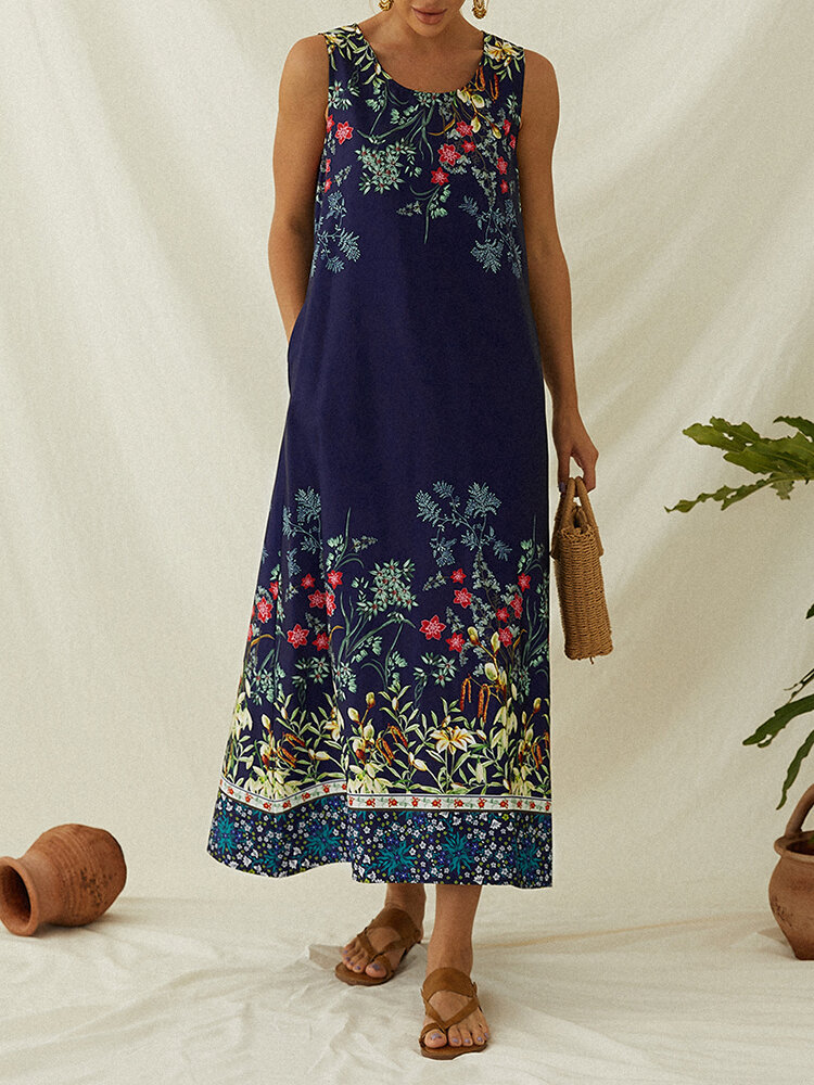 Women Floral Print Sleeveless Bohemia Dress With Pocket