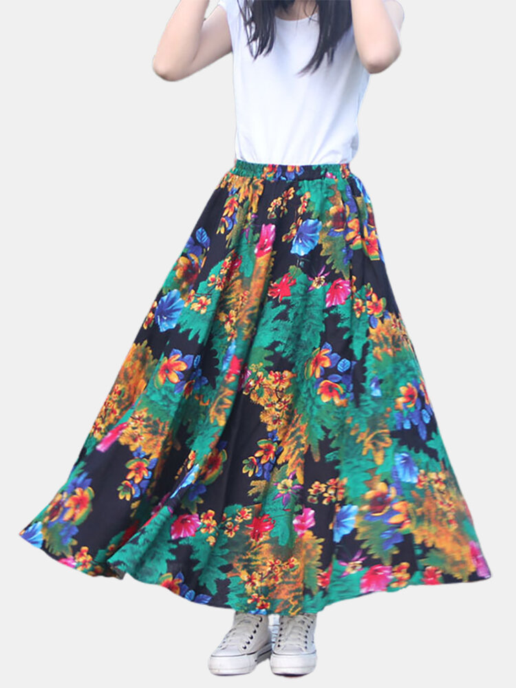 Cotton And  Linen Bohemian Loose Hem Printed Skirts Beach Skirt