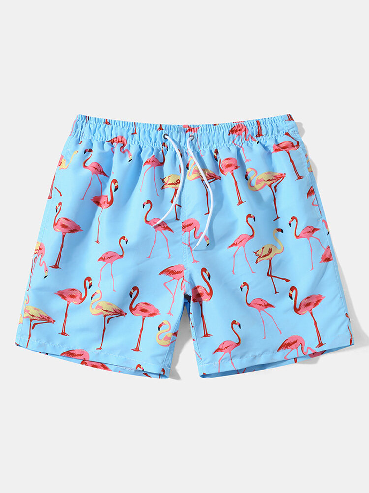 Men Flamingo Pattern Mesh Lined Moisture Wicking Board Shorts