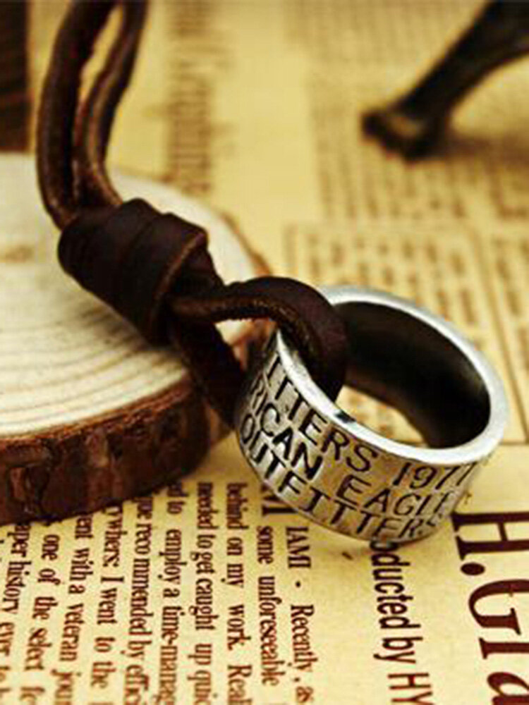 Vintage Simple Men Women Letter Digital Ring Pendant Necklace Adjustable Cowhide Chain Necklace