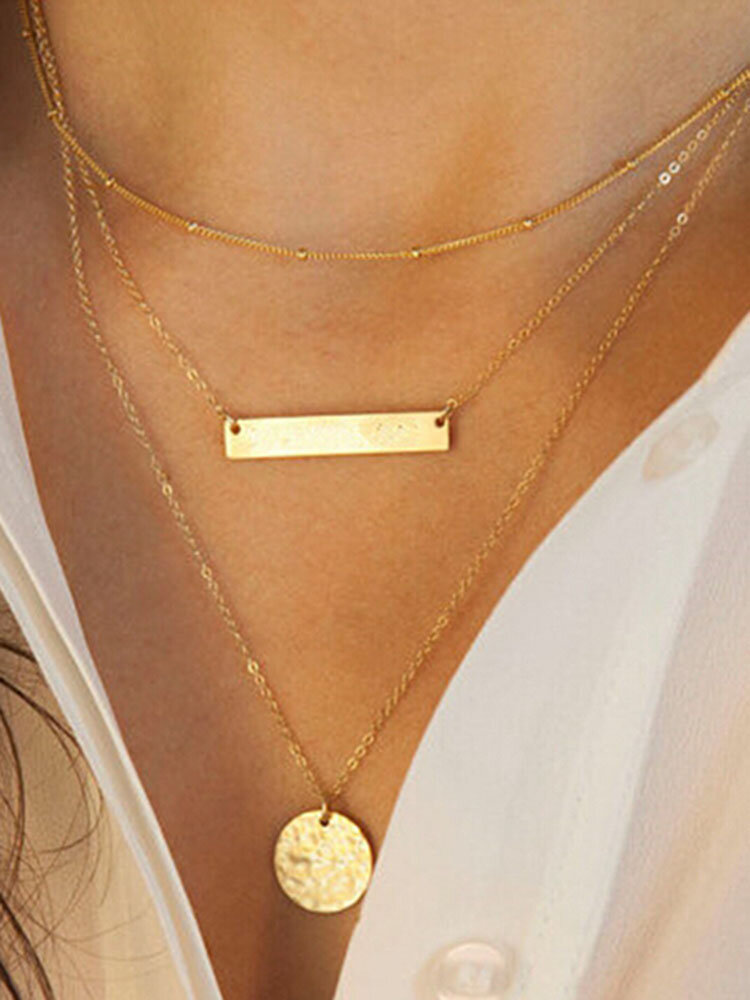 3 Layers Bar Rounded Sequin Geometry Necklace