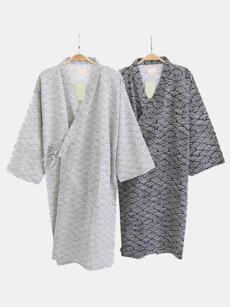 

Mens 100%Cotton Japanese Kimono Breathable Soft Sleep Robes, Navy;gray