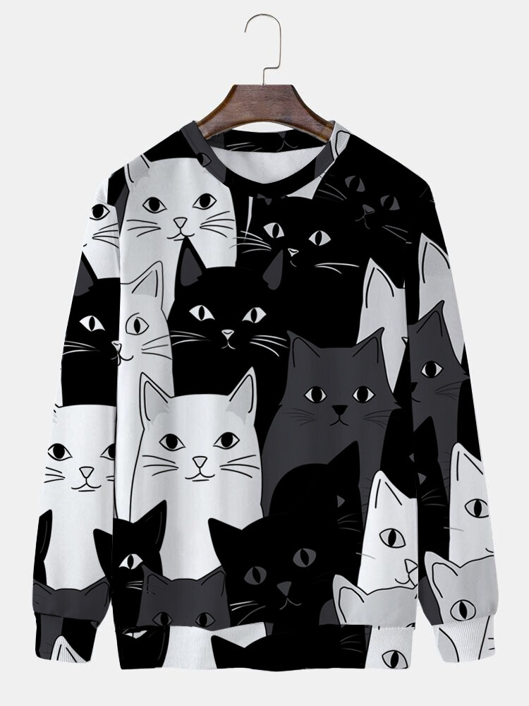 

Mens Allover Cartoon Cat Print Crew Neck Pullover Sweatshirts Winter, Black