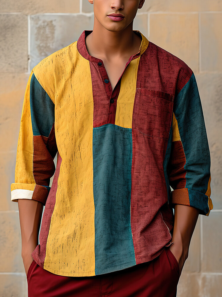 Camisas masculinas Color Block Patchwork com meio botão de manga comprida Henley