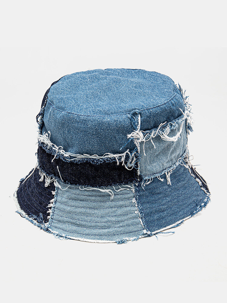 Unisex Plaid Colorblock Denim Distressed Frayed Edge Casual Sunshade Foldable Flat Hats Bucket Hats