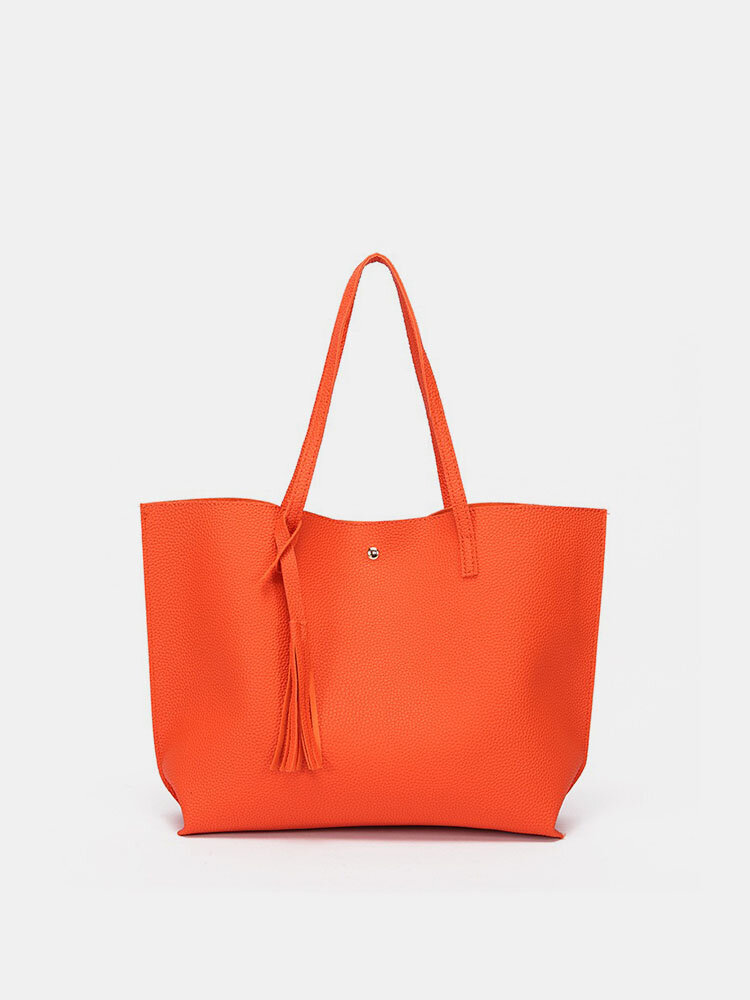 Women PU Leather Solid Casual Tassel Handbag Simple Shopping Shoulder Bag