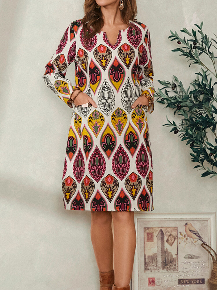Bohemian Ethnic Print Pocket Long Sleeve Casual Dress for Women