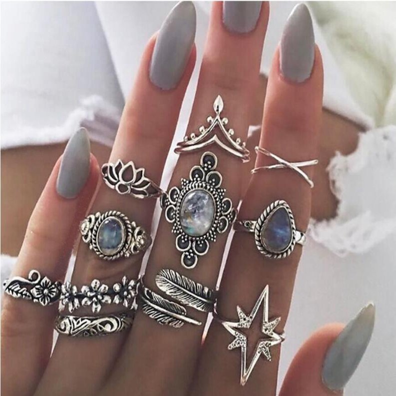 

Vintage Finger Ring Starry Gem Leaves Flower Butterfly Knuckle Rings Set Fashion Jewelry for Women