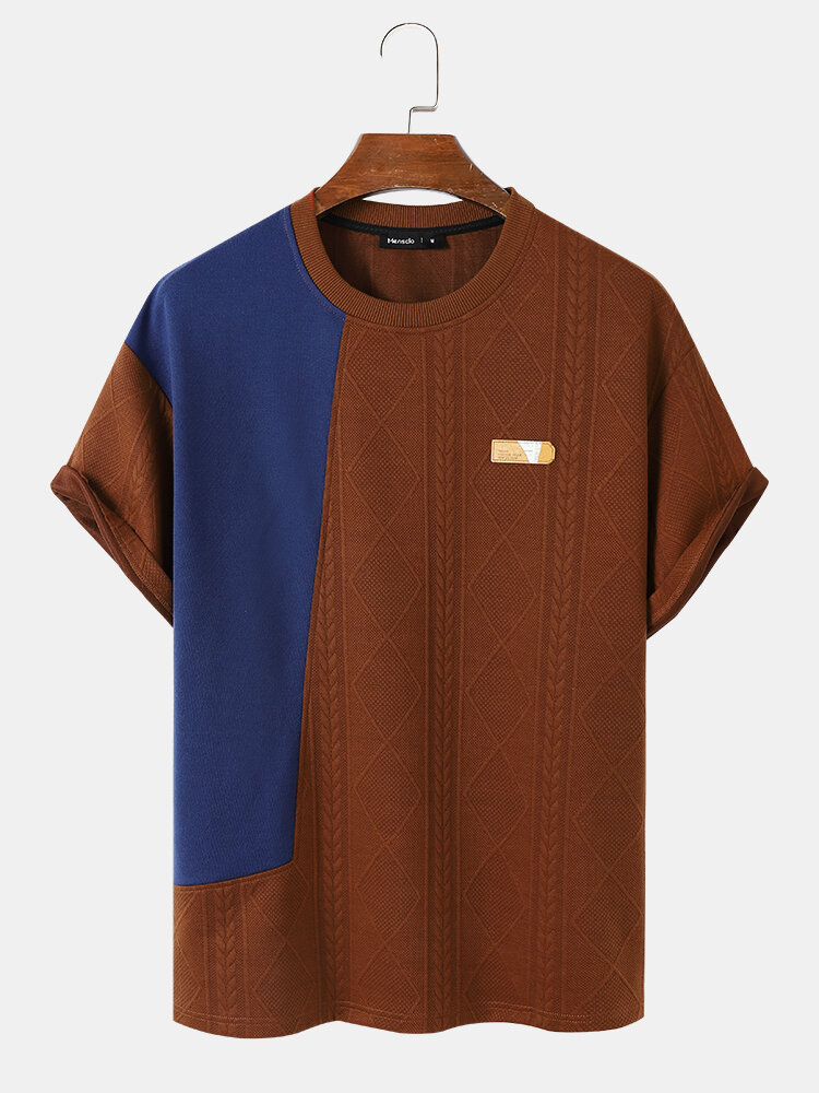 

Mens Contrast Patchwork Textured Applique Preppy Short Sleeve T-Shirts, Brown