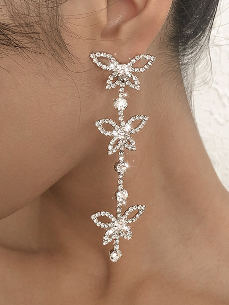 Trendy Luxury Full Rhinestones Hollow Butterfly-shaped Tassel Long Zinc Alloy Studs Earrings