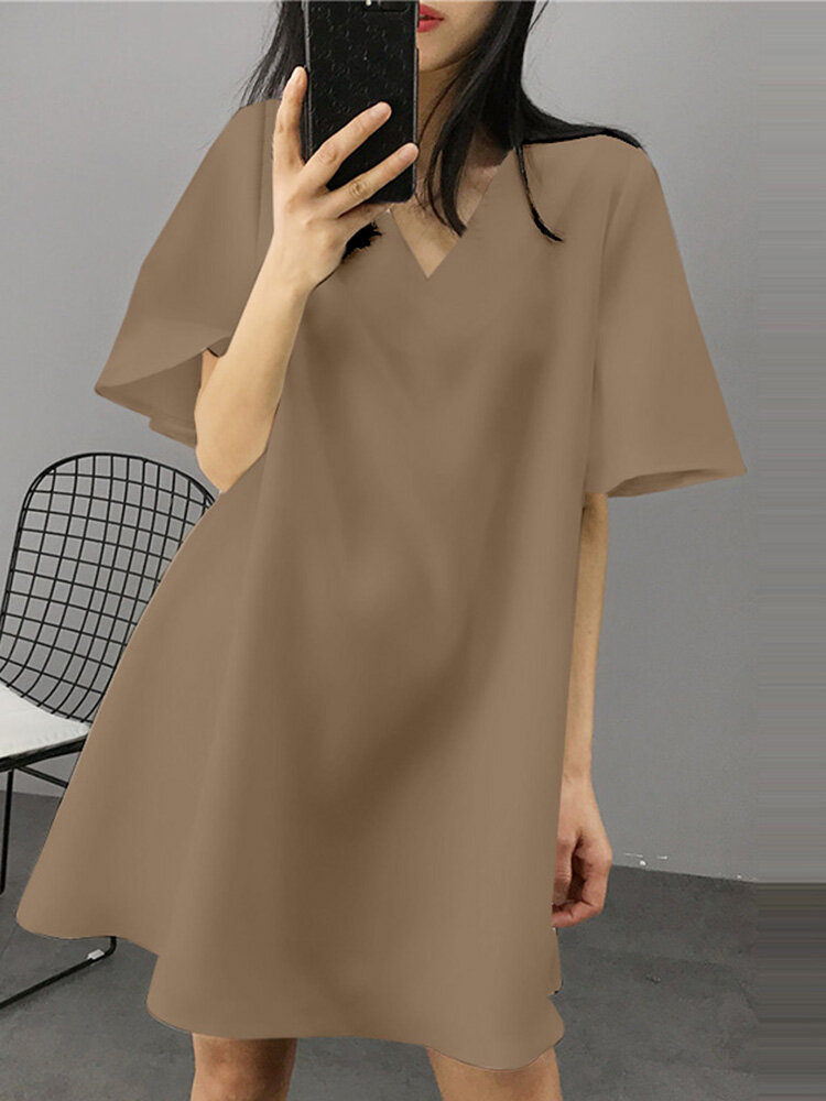 Solid A-line Bell Sleeve V-neck Loose Casual Dress