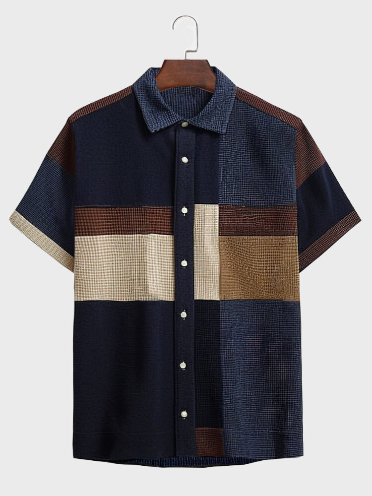 Camisas casuales de manga corta con solapa y patchwork de bloques de color para hombre