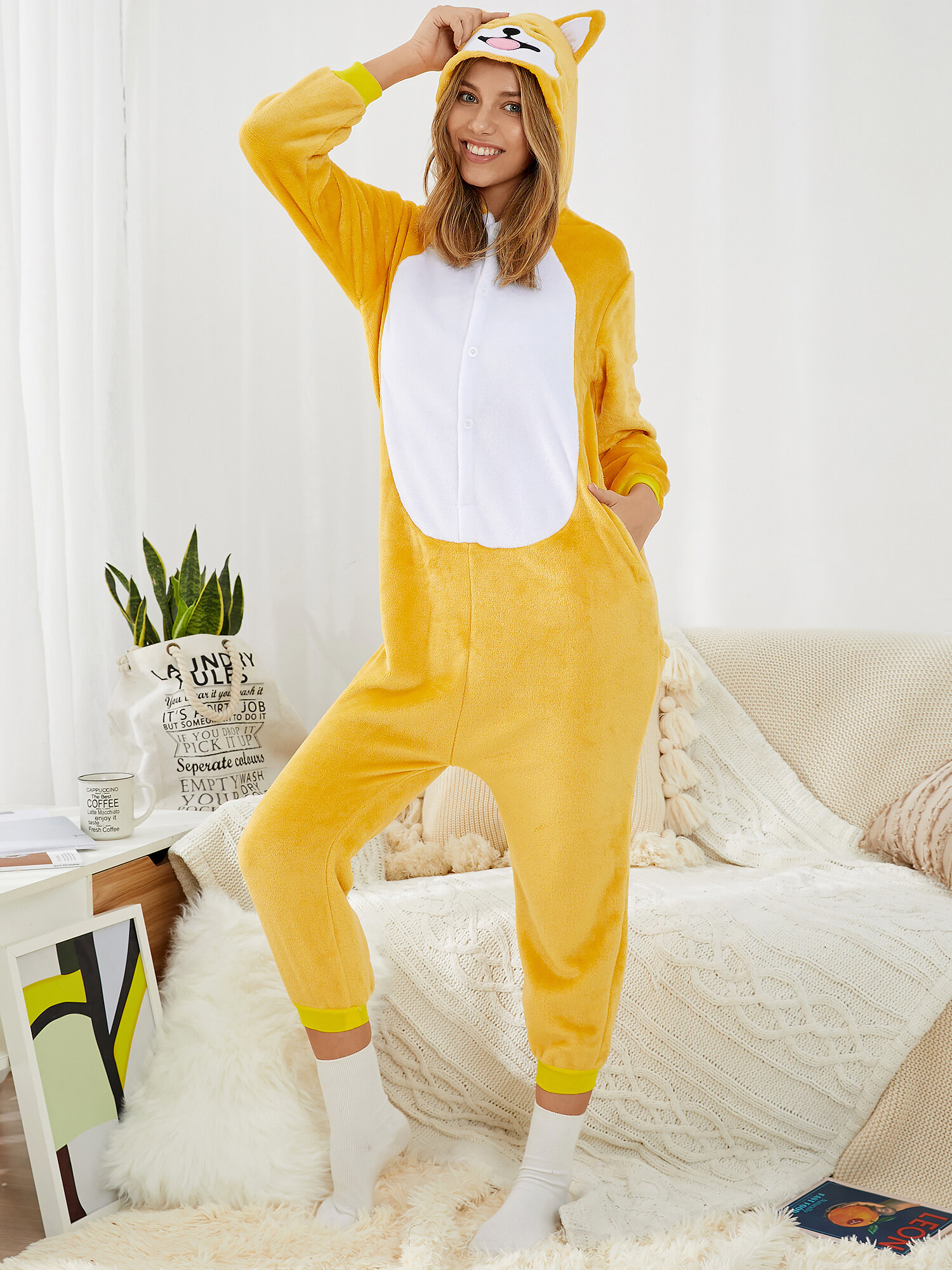 

Women Cute Shiba Inu Dog Warm Flannel Hooded Zip Onesies Home Jumpsuits, Yellow