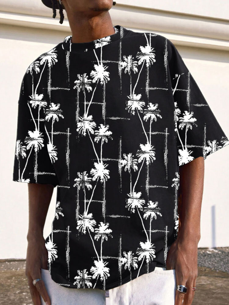 

Mens Plants Print Crew Neck Short Sleeve T-Shirts, Black