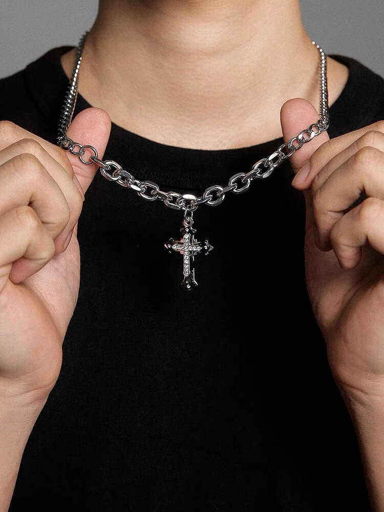 Trendy Hip Hop Inlaid Rhinestones Cross-shaped Pendant Chain Alloy Necklace