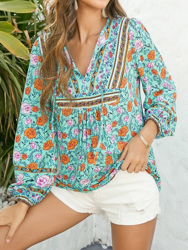 Bohemian Floral Print V-neck Knotted Women Long Sleeve Blouse