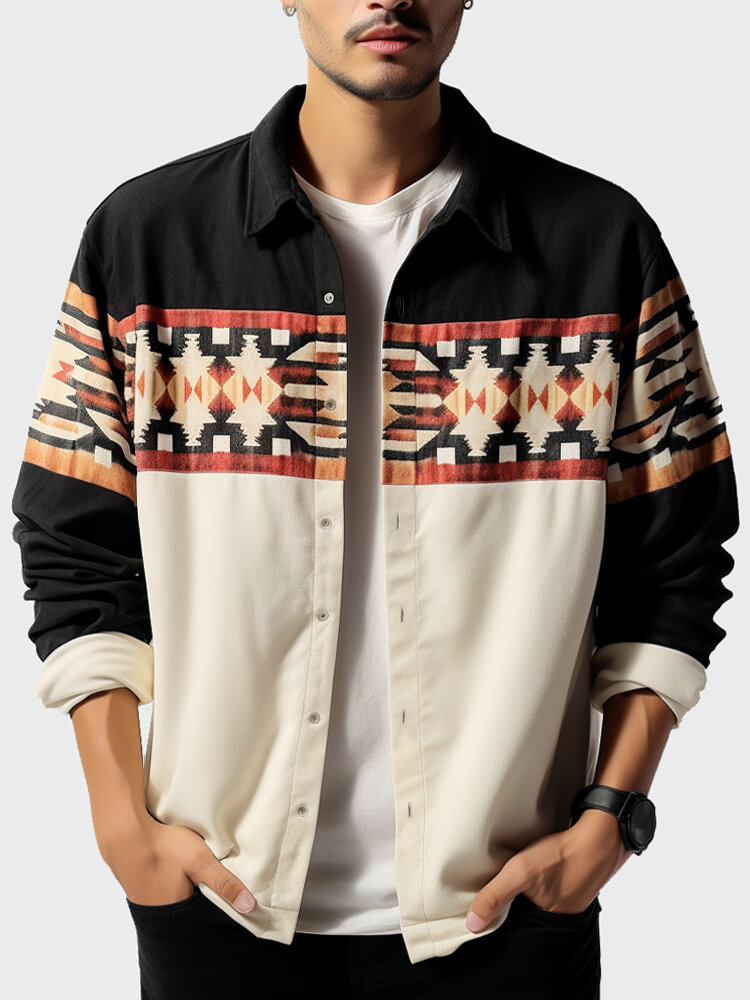 Camisas masculinas étnicas geométricas Padrão patchwork lapela manga comprida