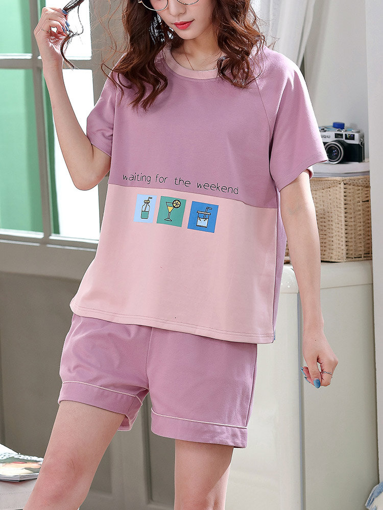 Women Cartoon Animal Print Crew Neck Cotton Cute Short Pajamas Sets