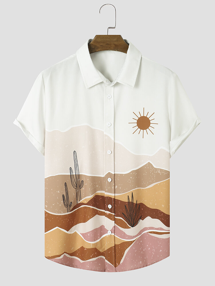 قمصان رجالي بأكمام قصيرة مطبوعة بمناظر الصحراء من الصبار
