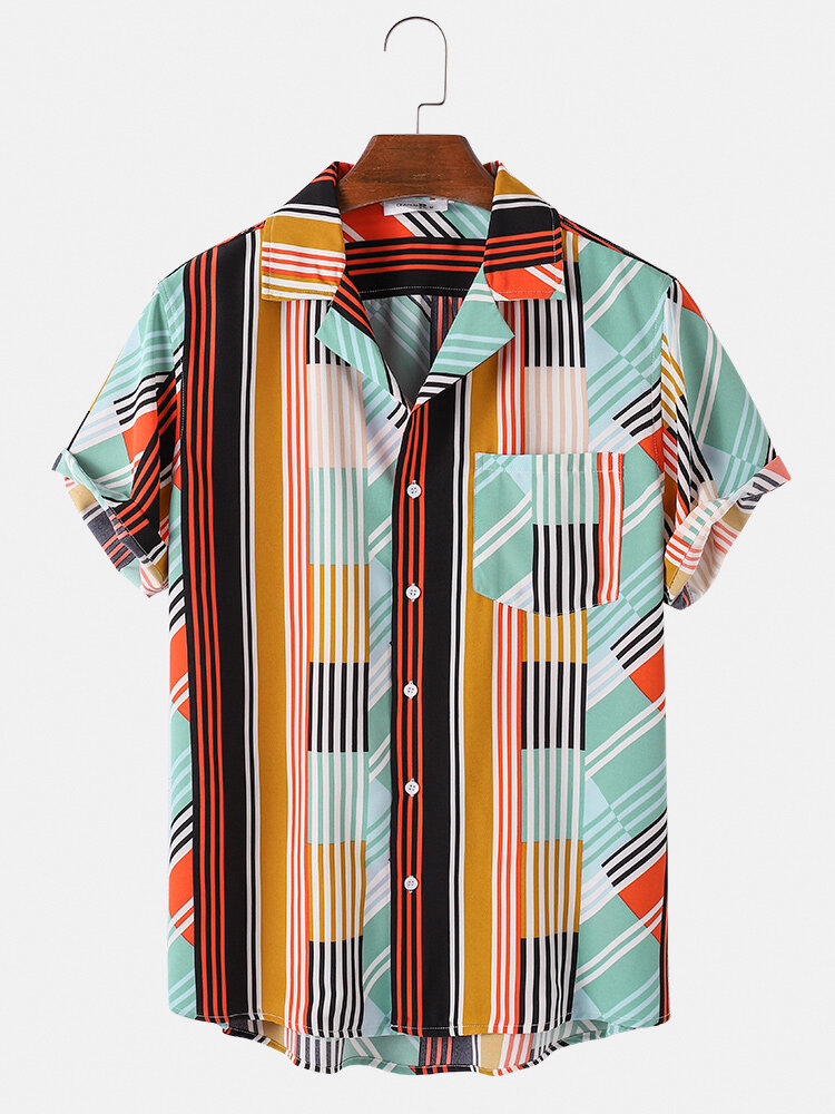 Mens Designer Striped Print Casual Breathable Short Sleeve Shirts