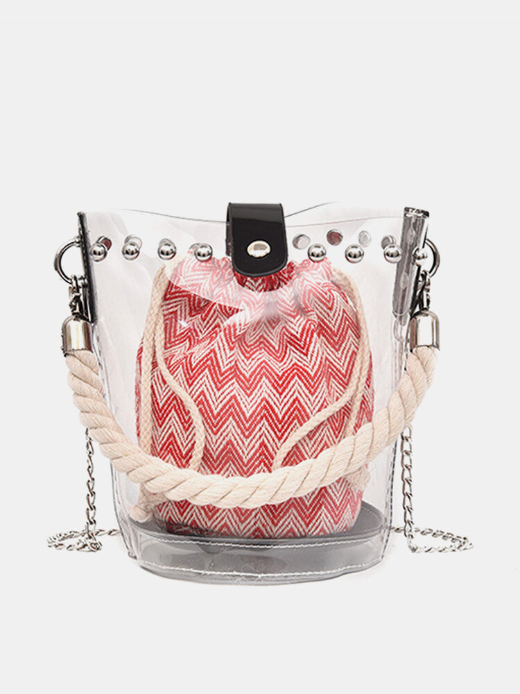 Women Shopping Transparent Chain Handbag Canvas Rivet Clear Bag
