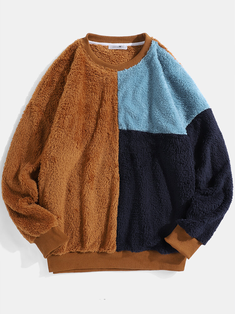Mens Color Block Patchwork Fluffy Plush Loose Pullover Teddy Sweatshirts