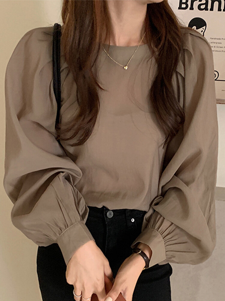 Solid Puff Long Sleeve Pleated Crew Neck Blouse For Women