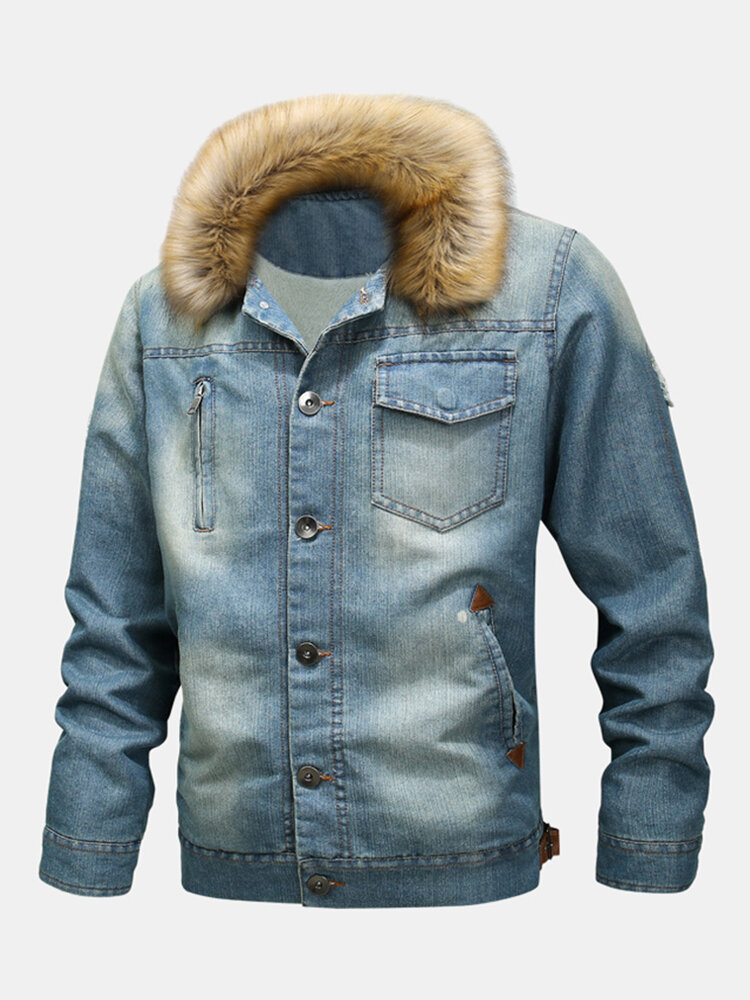 Mens Vintage Denim Fur Collar Multi Pockets Windproof Warm Jackets