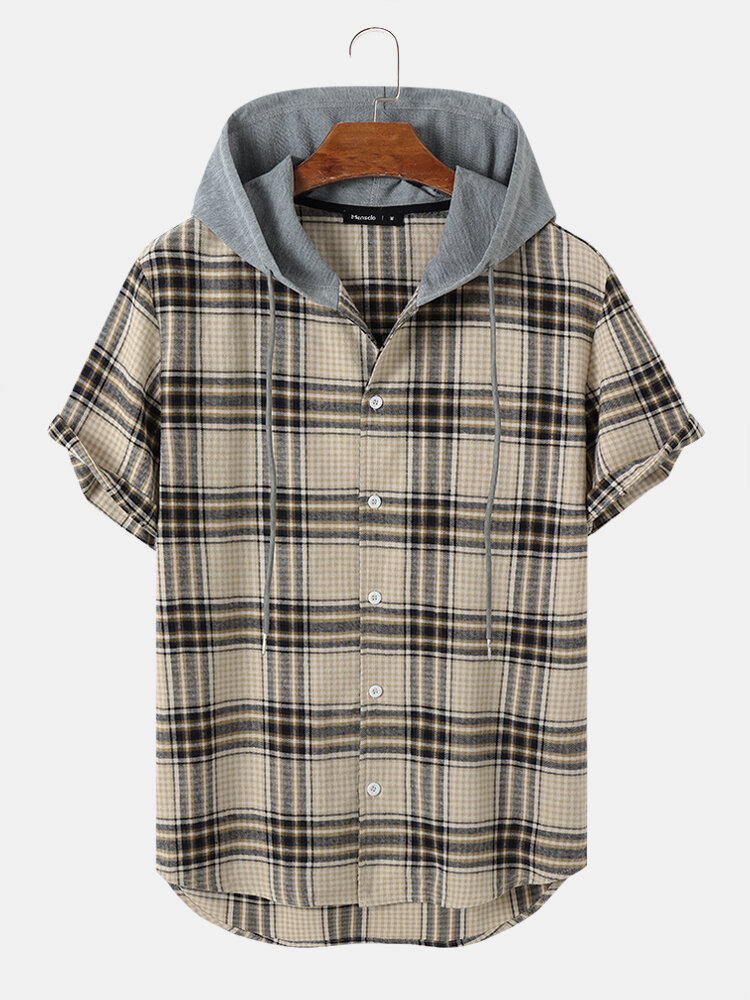 Mens Plaid Button Up Cotton Short Sleeve Contrast Hooded Shirts