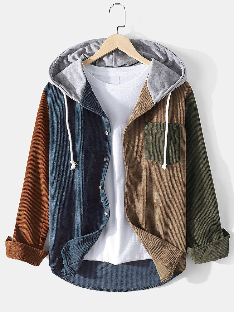 Mens Corduroy Colorblock Stitching Drawstring Hooded Shirt With Pocket