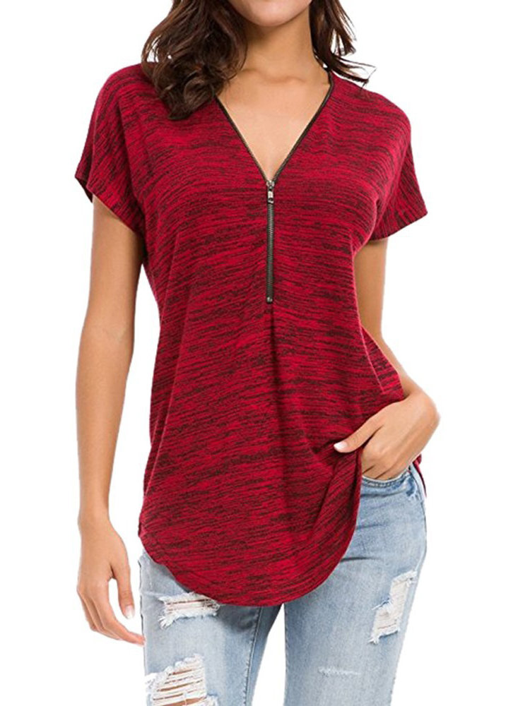 

Zipper Fly V-neck Short Sleeve Casual Blouses, Army green;wine red