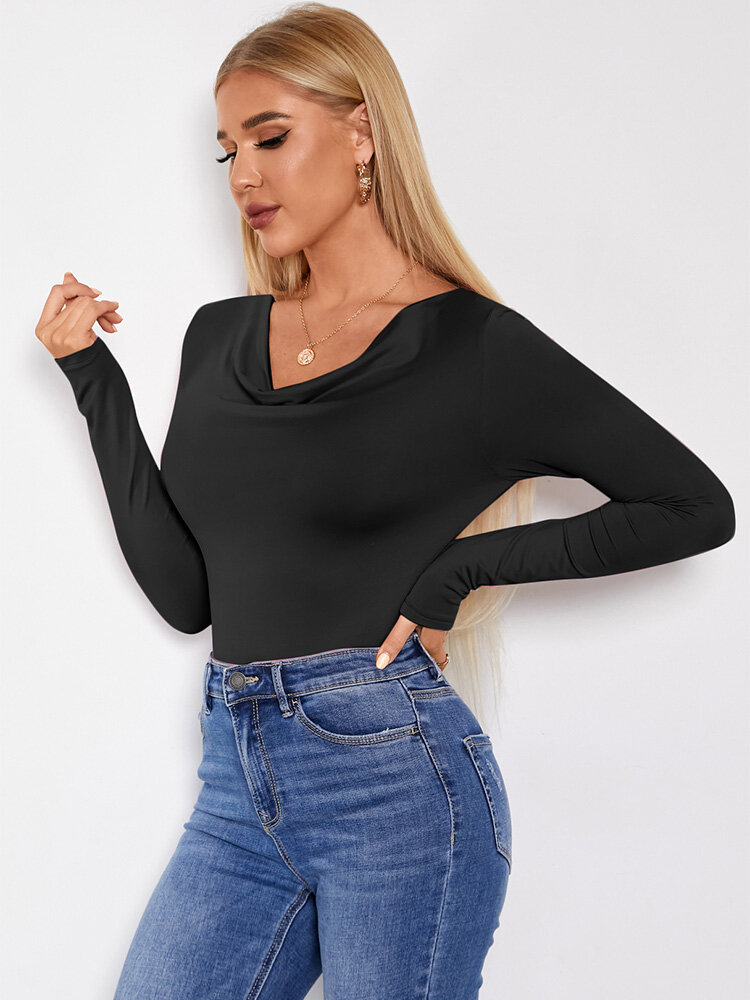 Solid Cowl Neck Long Sleeve Skinny High Elastic T-shirt For Women