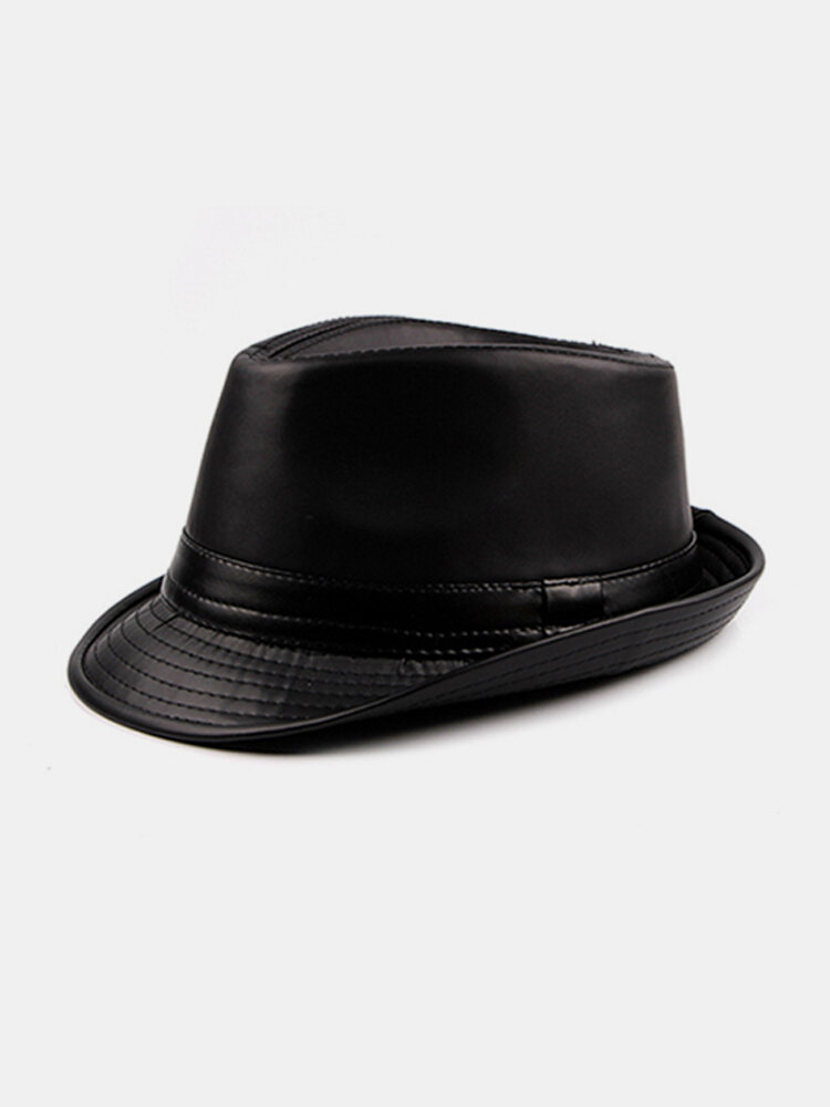 Men Winter Vintage PU Leather Curved Brim Jazz Cap British Style Warm Fedora Hat