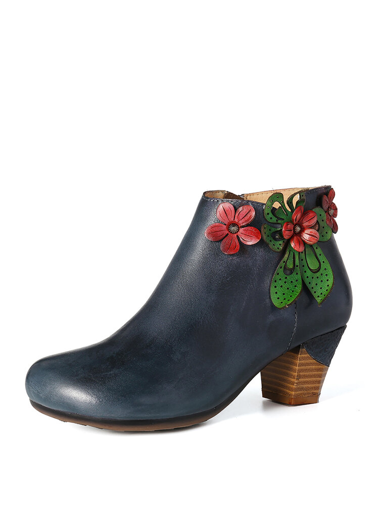 SOCOFY Retro Red Flower Genuine Leather Simple Dark Blue High Heel Ankle Boots