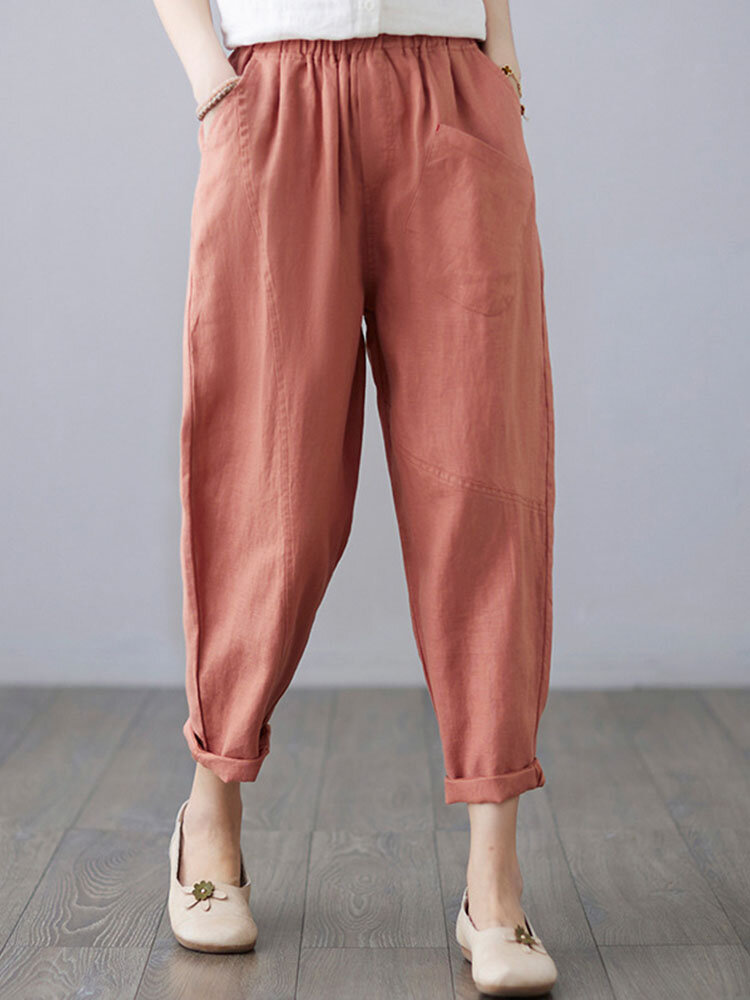 Solid Elastic Waist Casual Pants with Pocket for Women