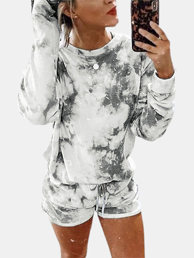 

Tie-dyed Print Long Sleeves O-neck Tops+Shorts Casual Set For Women, Gray
