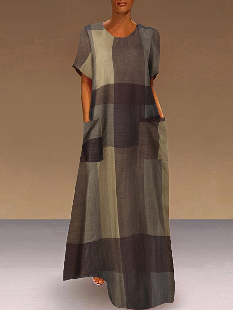 Plaid Kurzarm Plus Größe A-Linie Kleid mit Taschen