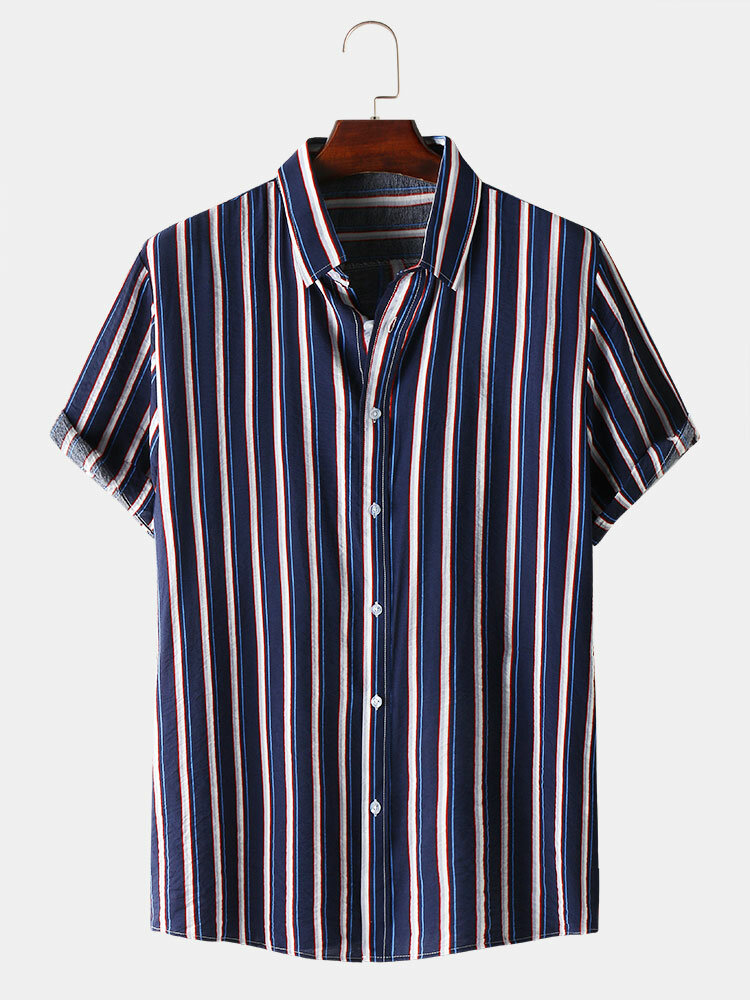 Mens Casual Striped Button Up Lapel Short Sleeve Shirt