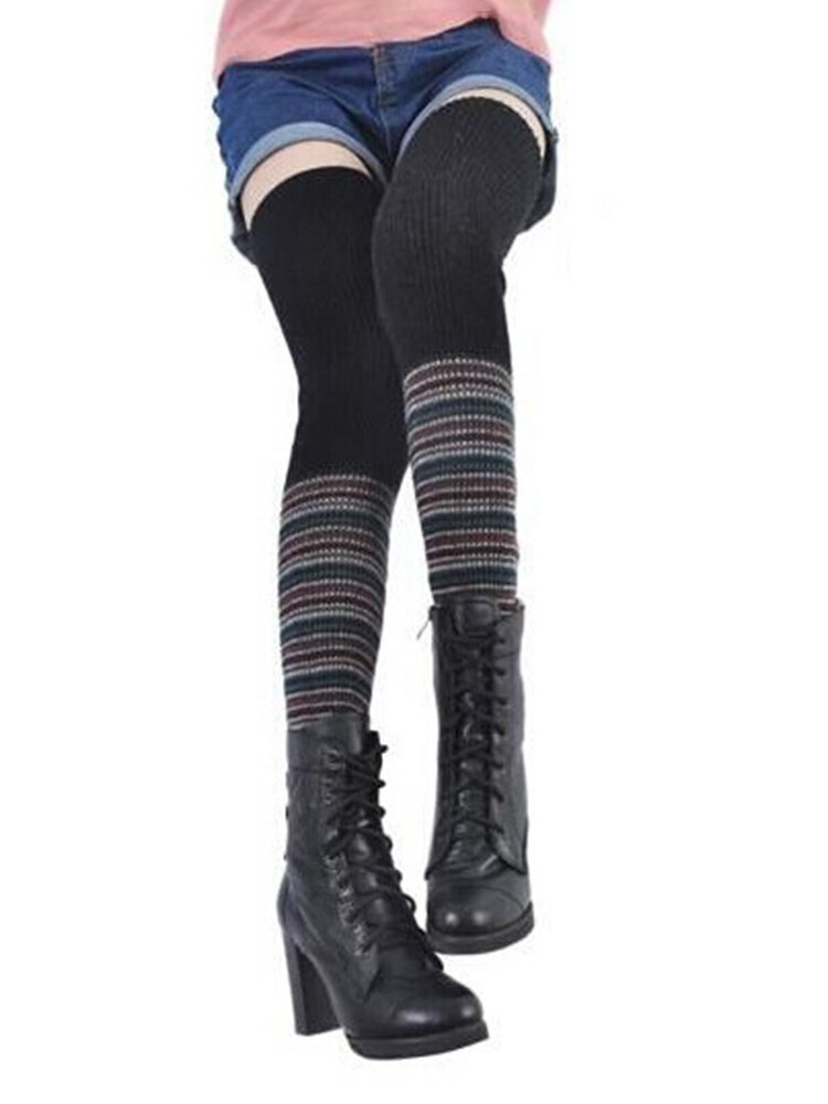 Women's Compression Socks Rainbow Splicing Long Socks Woolen Knit Over The Knee Stockings 