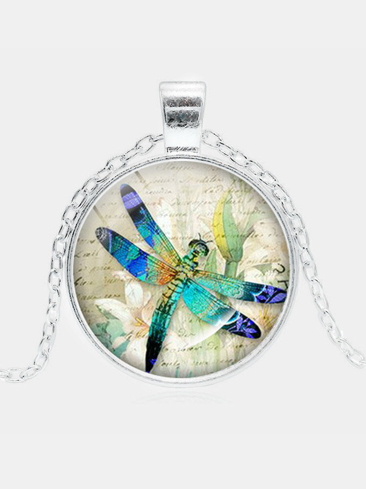 Vintage Geometric Round Insect Dragonfly Floral Gemstone Pendant Necklace Metal Glass Printed Women Jewelry