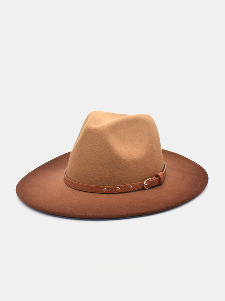 Unisex Woolen Gradient Color Rivet Pin Buckle Strap Decoration Wide Brim Fashion Fedora Hat
