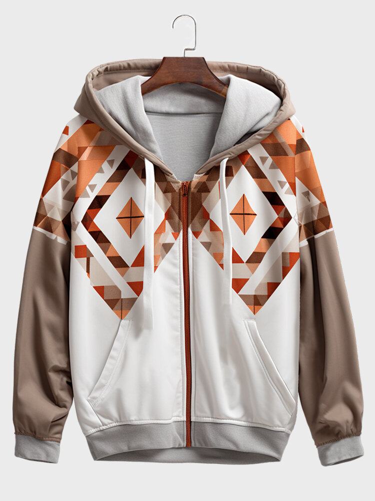 Mens Geometric Print Patchwork Zip Front Drawstring Hooded Jacket Winter