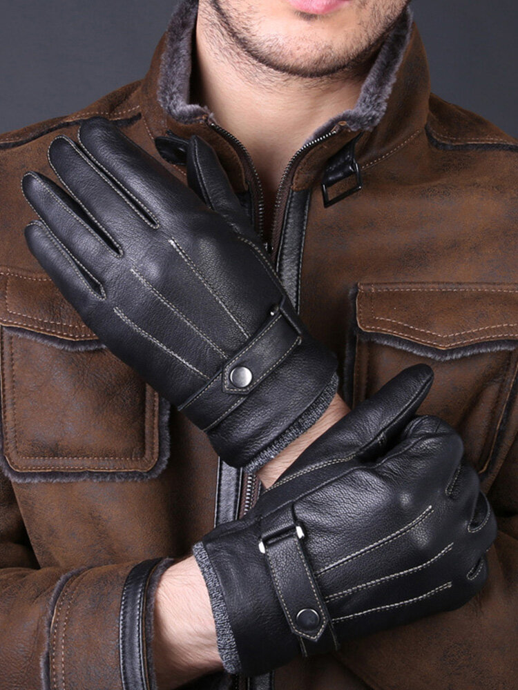 Men Sheepskin Plus Velvet Thicken Full-finger Warmth Outdoor Windproof Cold-proof Riding Driving Gloves